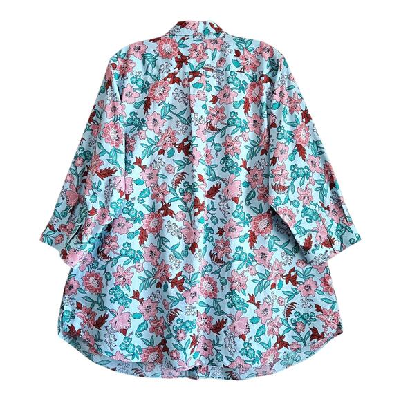 LANDS END Women Plus 18 W Blouse Floral Blue Red Green Button Up 3/4 Sleeve 48" - Picture 8 of 9